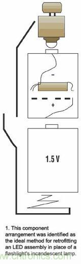 增壓電路在有兩節(jié)電池的手電筒中將代替的一節(jié)電池，LED裝置則代替白熾燈