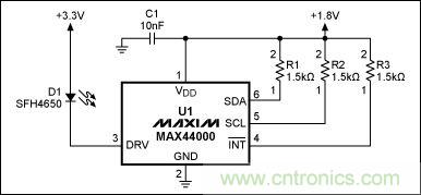 圖1：MAX44000典型電路，包括LED