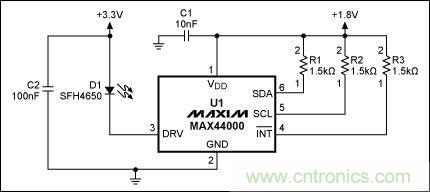 圖2：MAX44000典型電路，帶有發(fā)射器旁路