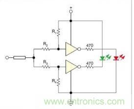 在雙門構(gòu)成的CMOS/TTL兼容探頭中，R1至R4電阻網(wǎng)絡對反相器輸入端做偏置