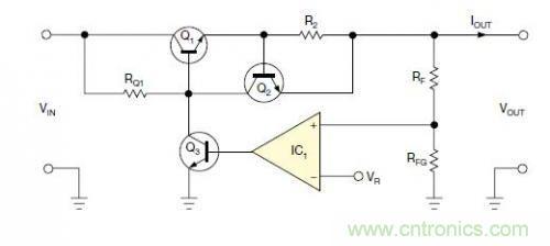 圖1：一個標準的線性穩(wěn)壓器直接將反饋連接到串聯(lián)導(dǎo)通晶體管上。