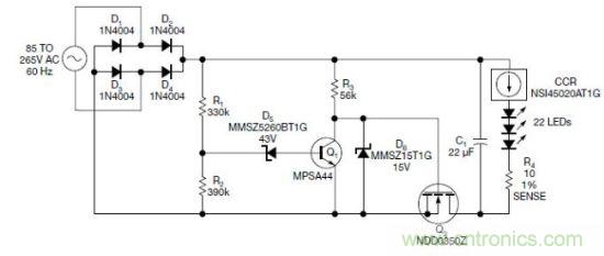 圖1：電路以恒流驅(qū)動(dòng)一串LED，可用于全世界的各種交流電壓