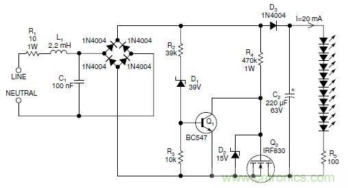 圖2：斬波工作類似圖1中的電路，但以較大的LED串聯(lián)電阻代替了恒流源，提供限流功能