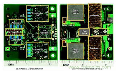 圖6：采用eGaN FET設(shè)計的48V至53V半磚PSE轉(zhuǎn)換器的頂視圖和底視圖(單位為英寸)。