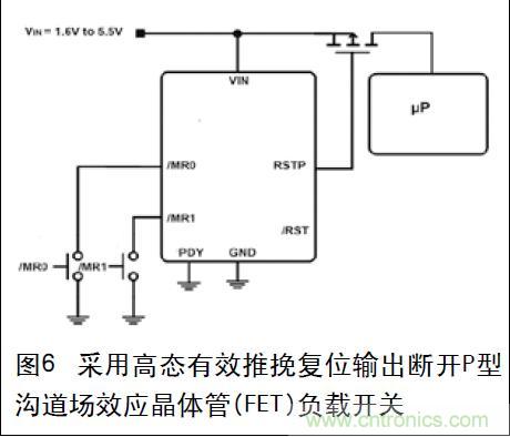 圖6 采用高態(tài)有效推挽復(fù)位輸出斷開P型溝道場效應(yīng)晶體管(FET)負載開關(guān)