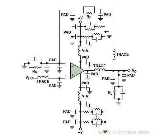 典型的運(yùn)算放大器電路，(a)原設(shè)計(jì)圖，(b)考慮寄生效應(yīng)后的圖