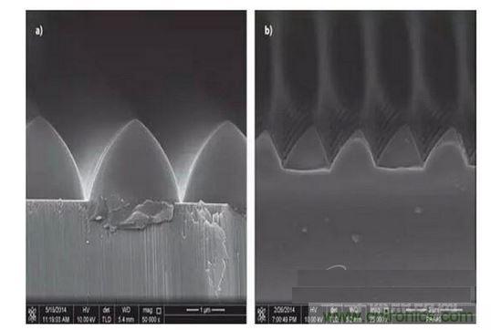 圖案化藍寶石基板通過光致抗蝕劑掩膜在電感耦合等離子體干法反應(yīng)性腐蝕保持良好剛性結(jié)構(gòu)（如圖a）,然而，如果光致抗蝕劑掩膜的剛性結(jié)構(gòu)在抗蝕過程中沒有得到保持，那么結(jié)果會很差（如圖b）