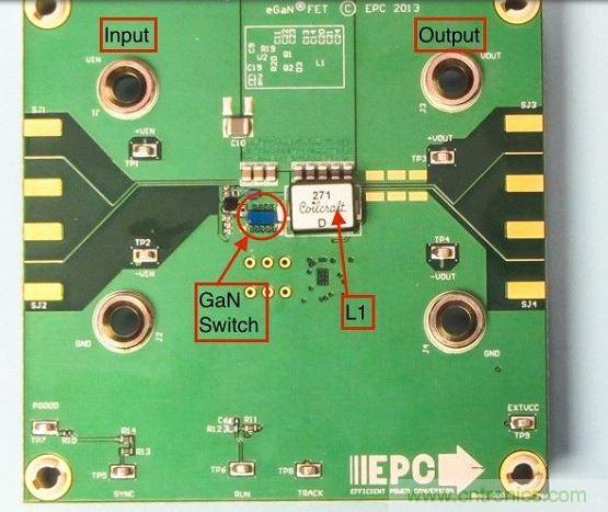 演示板用于顯示GaN的EMI。該GaN組件被圈定，我會在L1左側(cè)測量切換的波形。