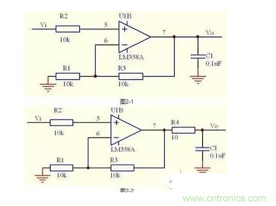 2、不要在運(yùn)放輸出直接并接電容