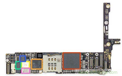 iPhone 6 Plus主板采用1GB RAM的蘋果A8 SoC作為核心部件。（來源：iFixit）