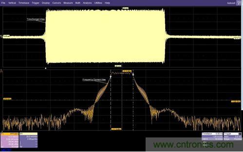 面的時(shí)域圖顯示了脈沖調(diào)制的射頻載波，下方的頻域圖顯示了在997MHz和1002MHz之間均勻分布的載頻