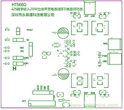 HT566 I2S數(shù)字輸入2x20W立體聲無(wú)電感閉環(huán)D類音頻功放解決方案